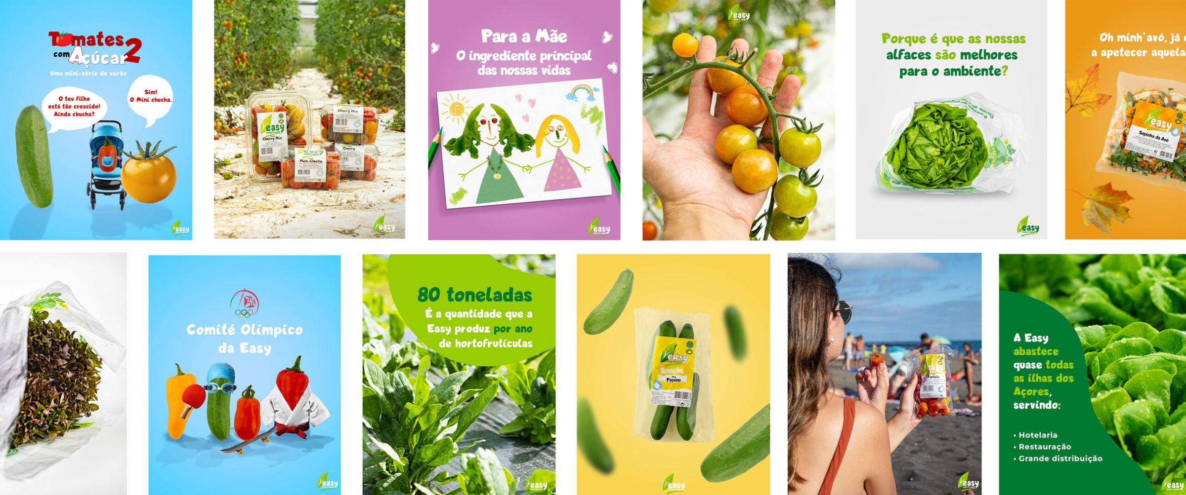 Grid de publicações criativas das redes sociais da Easy Salads, cores vibrantes e fotografia alimentar apetecível